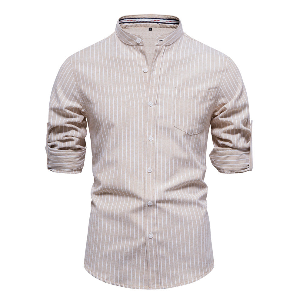 Herren gestreiftes Hemd im modischen Henley-Stil mit Brusttasche und rollbaren Ärmeln EB