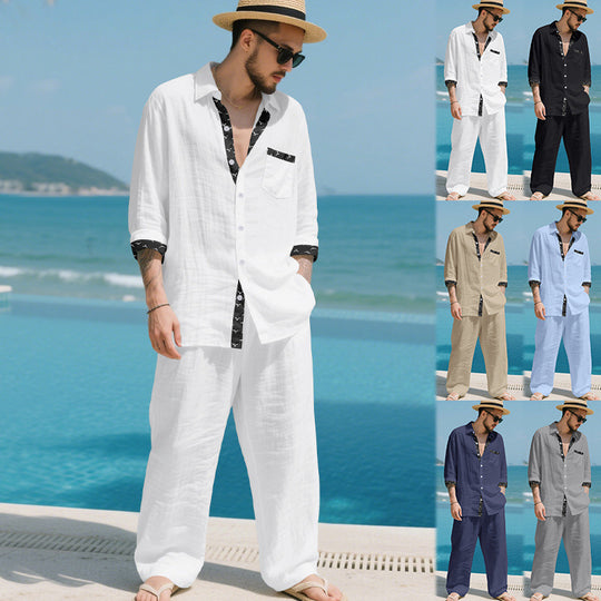 Herren Leinenoptik-Loungewear-Set mit Kordelzughose und offenem Hemdjacke EB