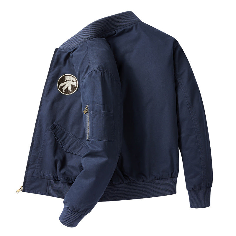 Men's  short-length flight bomber jacket with embroidered shoulder patch sleeve zip pocket and ribbed collar cuffs hem EB