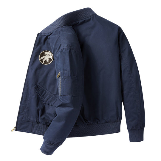 Men's  short-length flight bomber jacket with embroidered shoulder patch sleeve zip pocket and ribbed collar cuffs hem EB