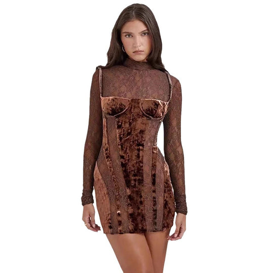 Damen elegantes Spitzen-Minikleid mit Samt-Detail und figurbetontem Schnitt EB