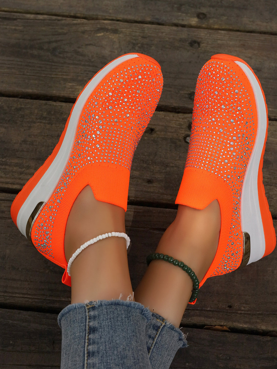 Damen  Strick Slip-On Sneaker mit funkelndem Strassbesatz, elastischem Einstieg und dämpfender Plateausohle EB