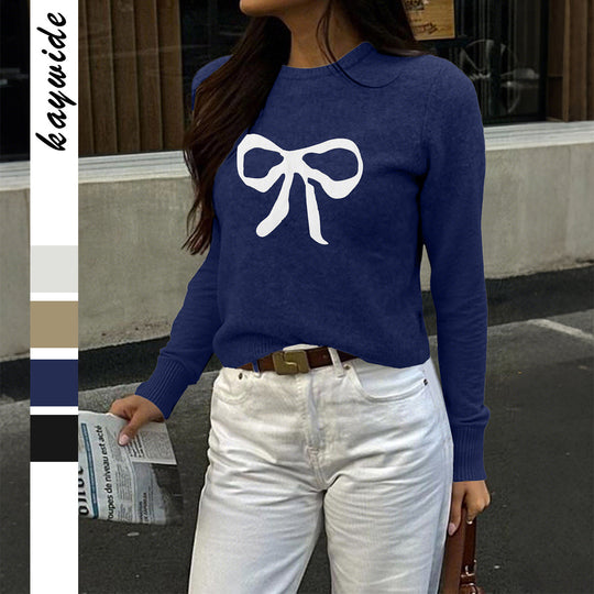 Damen nan Feinstrickpullover mit großem Schleifenprint, Rundhalsausschnitt und schmaler Passform EB