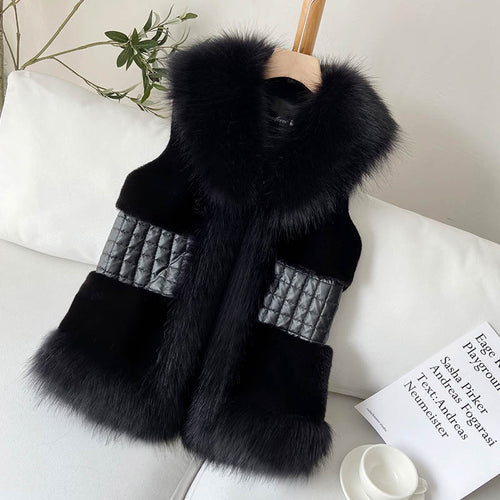 Damen Elegante Kunstpelz-Weste mit Stehkragen und glänzendem Gürtel EB