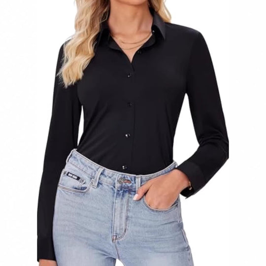 Damen Klassische Viskose-Stretch Hemdbluse mit Kentkragen und Manschetten EB
