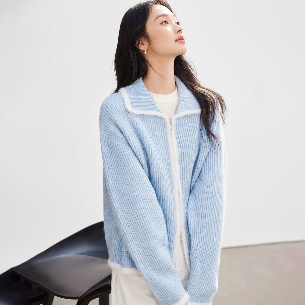 Damen Flauschiger Strickcardigan mit praktischen Taschen und hohem Kragen EB