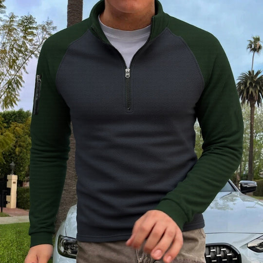 Herren nan slimfit Halbzip-Pullover mit Raglanärmeln, Waffelstruktur und Ärmeltasche EB
