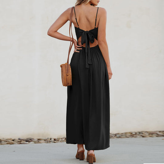 Damen Maxikleid mit raffinierter Knopfdetail und elegantem tiefem Ausschnitt EB
