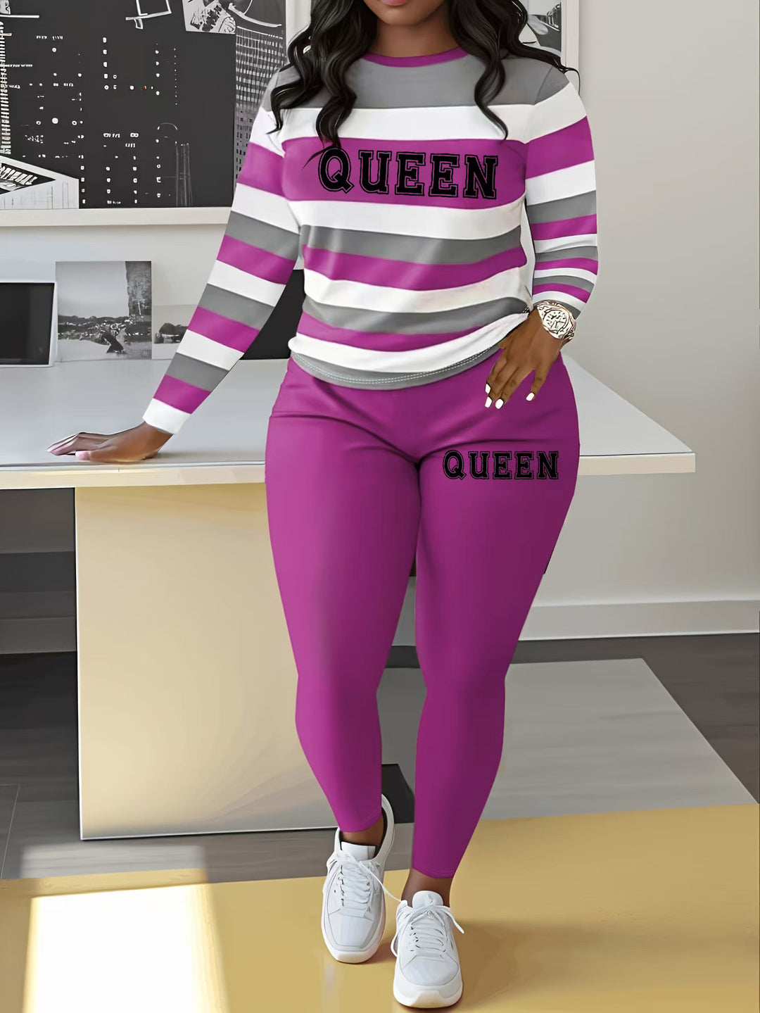 Damen Sportliches Zweiteiler-Set mit gestreiftem Oberteil und leggings EB