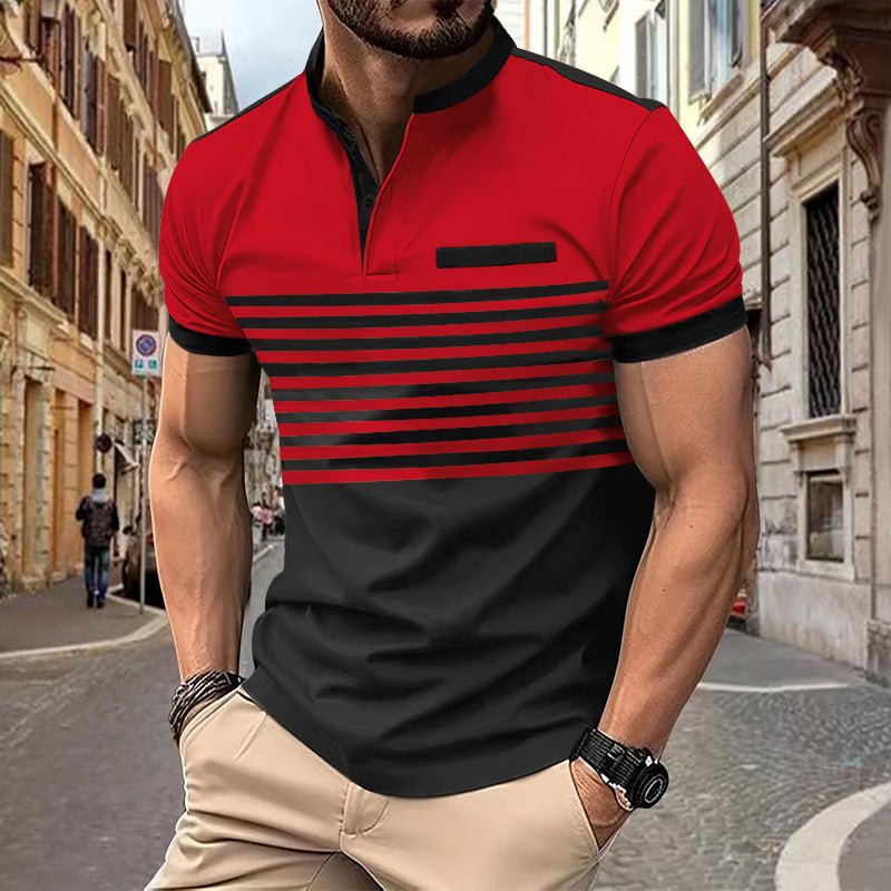 Herren nan kurzärmeliges Henley-Oberteil mit kurzer Knopfleiste, Brustpaspel und Blockstreifen EB
