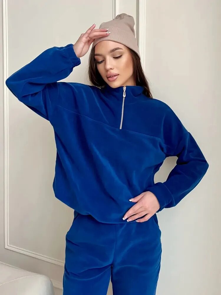 Damen Kuscheliges Fleece-Loungewear-Set mit Halb-Reißverschluss und elastischem Bund EB