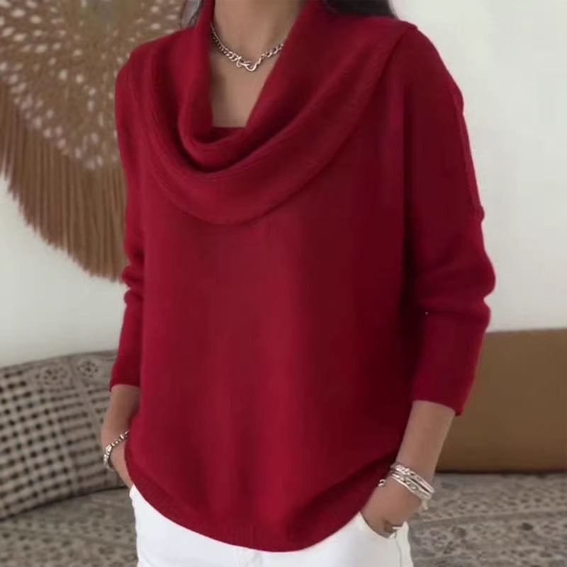 Damen nan fein gestrickter Pullover mit Wasserfallkragen und geripptem Saum EB