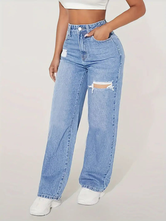 Damen weite Jeans mit modischen Rissdetails und hohem Bund EB