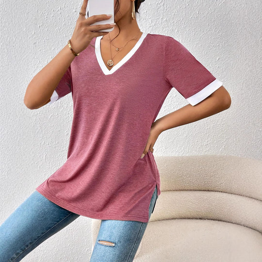Damen V-Ausschnitt T-Shirt mit modischen Akzenten und bequemen Schnitt EB