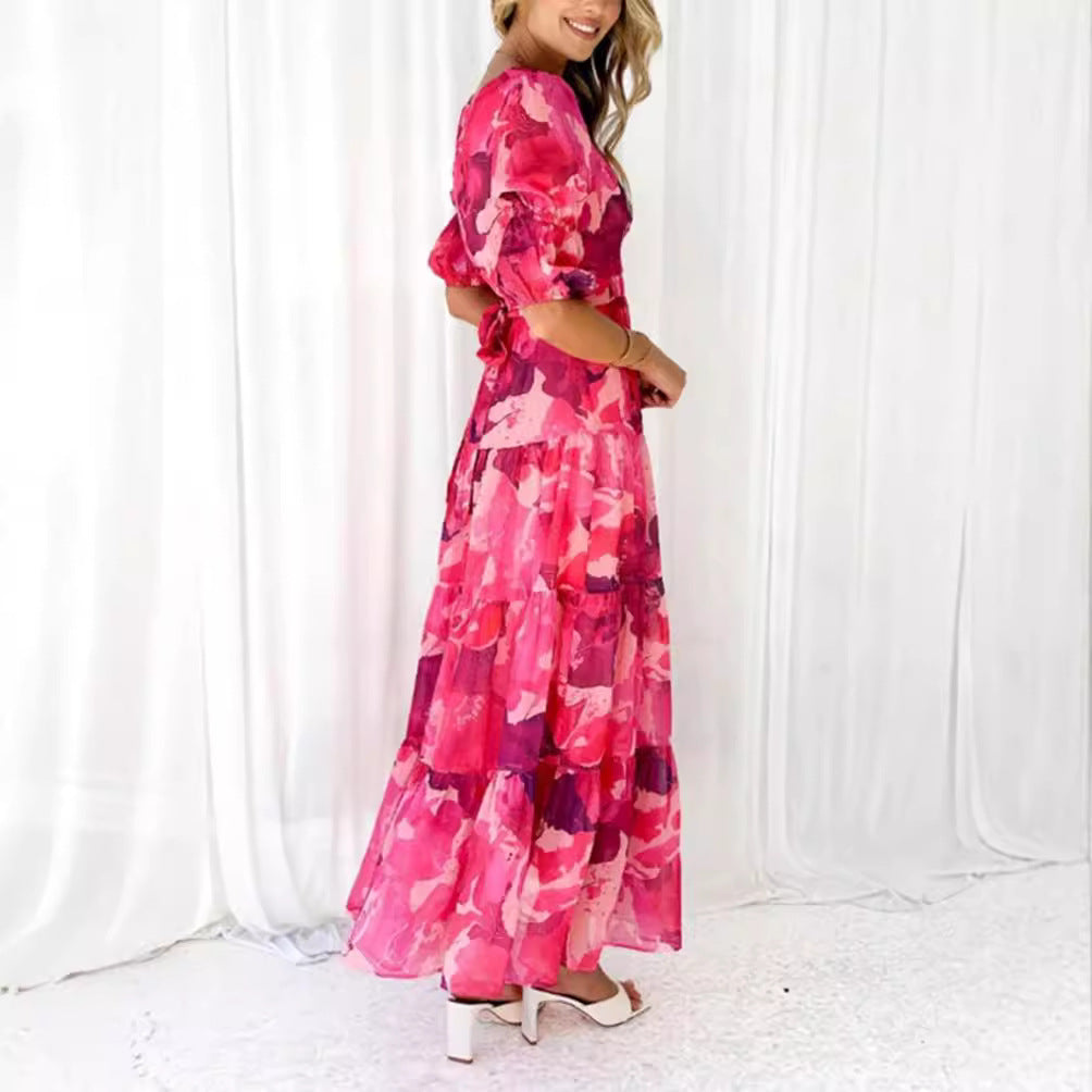 Damen Maxikleid mit voluminösen Puffärmeln und fließendem Rock Heidi-Mode