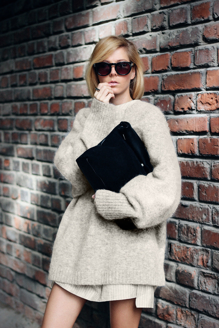 Damen Oversized Strickpullover mit hochabschließendem Kragen und voluminösen Ärmeln EB