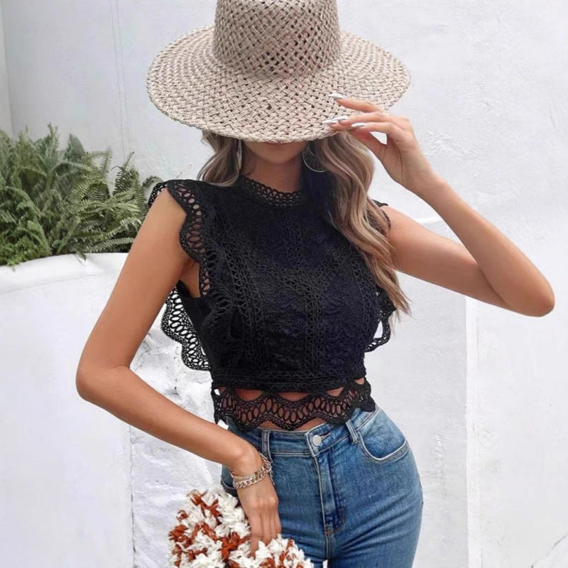 Damen Spitze Detail kurze Bluse EB