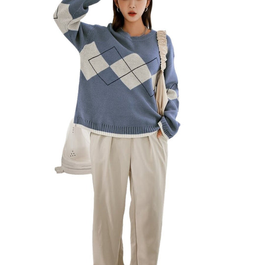 Damen stilvoller Pullover mit modernem Rautenmuster und verspielten Rüschendetails EB
