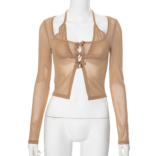 Damen langer Arm Mesh Bluse mit verstellbarem Knoten-Design EB