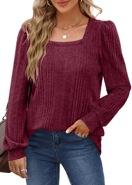 Damen modischer Pullover mit strukturiertem Rippmuster und Puffärmeln EB