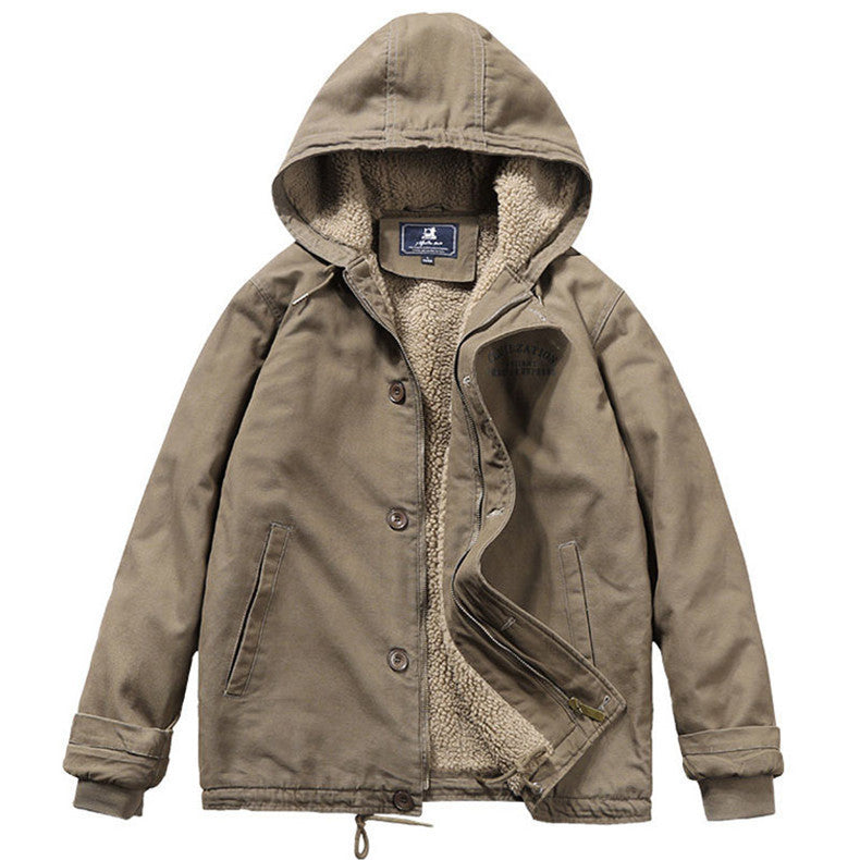 Herren Kapuzenjacke im Vintage-Worker-Stil mit Sherpa‑Futter EB