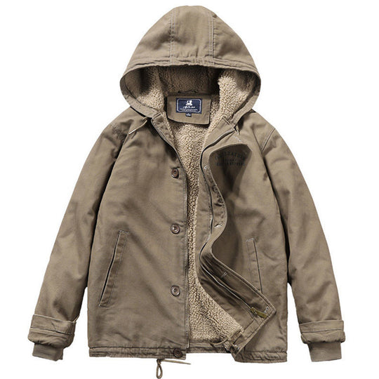 Herren Kapuzenjacke im Vintage-Worker-Stil mit Sherpa‑Futter EB