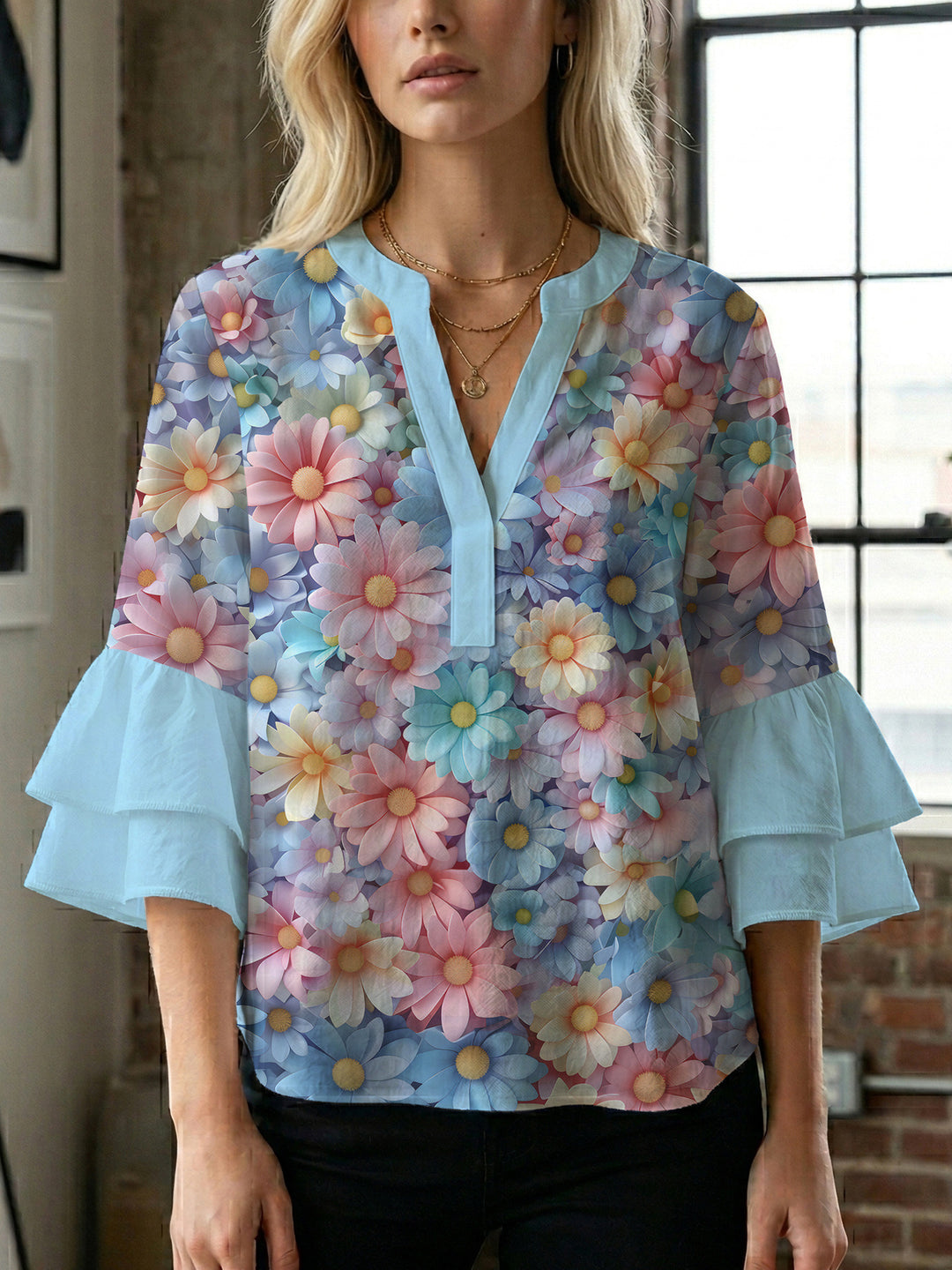 Damen kunstvolles Oberteil mit Rüschensleeves EB