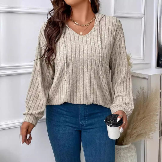 Damen nan gerippter Kapuzenpullover aus Feinstrick mit V-Ausschnitt EB