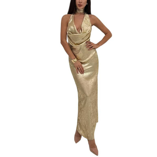 Damen Abendkleid mit tiefem V-Ausschnitt und schimmerndem Chiffon EB