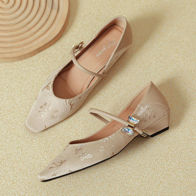 Damen elegante spitze Ballerinas mit verziertem Riemen und Glitzerakzenten EB