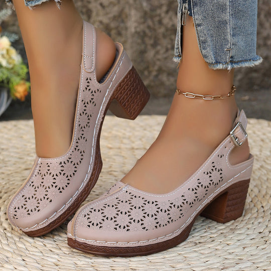 Damen  elegante Slingback-Pumps mit floralem Laser-Cut, gepolsterter Komfortinnensohle und stabilem Blockabsatz EB