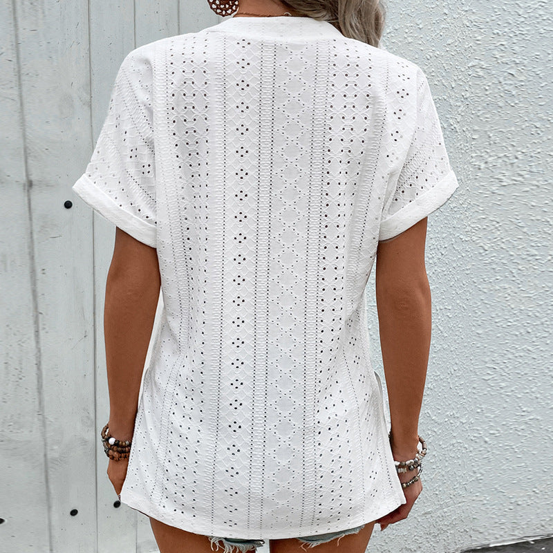 Damen Bluse mit Lochmuster und V-Ausschnitt EB