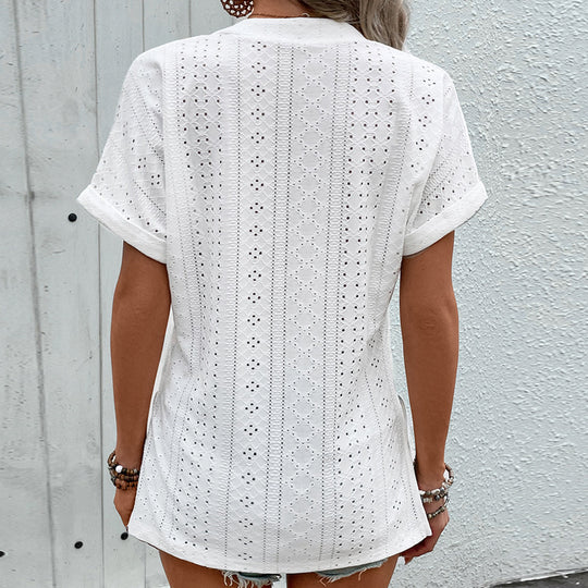 Damen Bluse mit Lochmuster und V-Ausschnitt EB