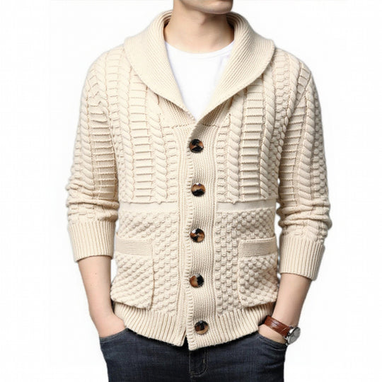 Herren modische Strickjacke mit tiefem V-Ausschnitt und stylishem Zopfdesign EB