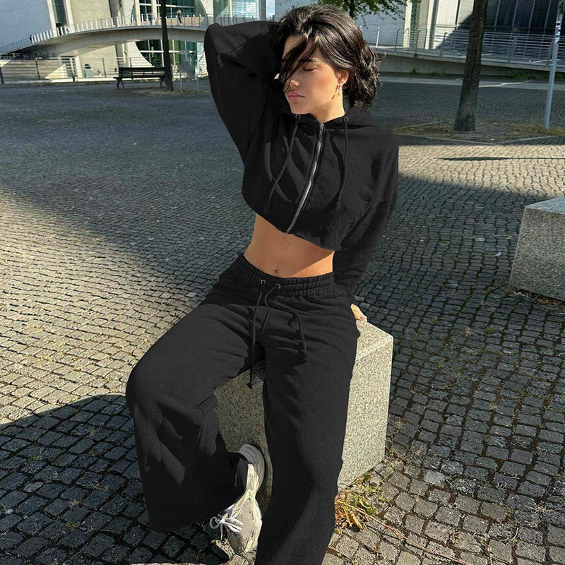 Damen Sportliches Hoodiekombination mit cropped Oberteil und weiten Hosen EB
