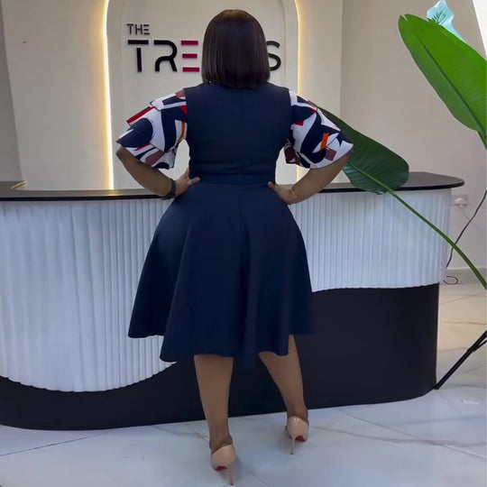 Damen A-Linien Kleid mit eleganten Puffärmeln und Gürtel EB