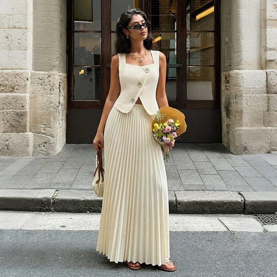 Damen Plissiertes Maxikleid mit elegantem Überwurf EB