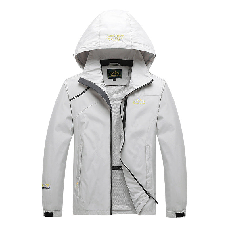 Herren atmungsaktive Softshell-Trekkingjacke mit verstaubarer Kapuze, Netzfutter und multifunktionalen Reißverschlusstaschen EB