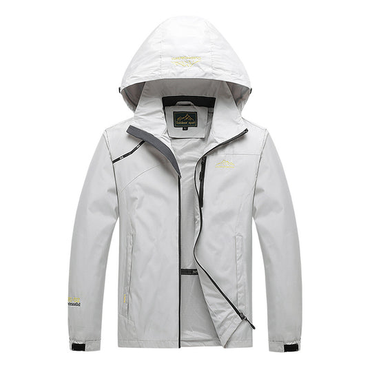 Herren atmungsaktive Softshell-Trekkingjacke mit verstaubarer Kapuze, Netzfutter und multifunktionalen Reißverschlusstaschen EB