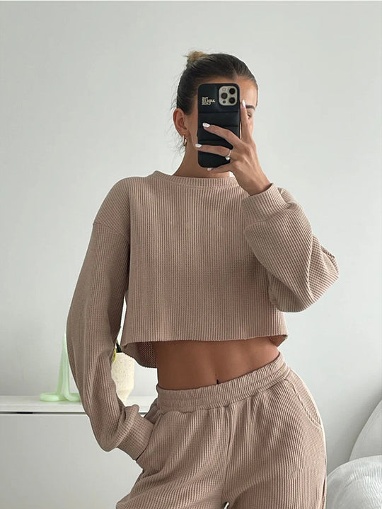 Damen geripptes Cropped-Lounge-Set mit Ballonärmeln und High-Waist Palazzo-Hose EB