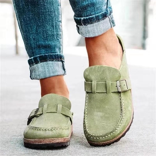 Damen Veloursleder-Slipper mit ergonomischer Korksohle und verstellbarem Schnallenriemen EB