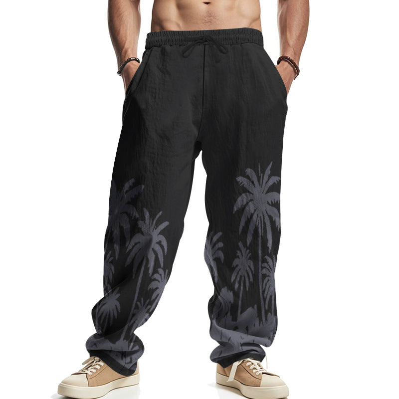 Herren nan weite Freizeit-Hose aus Baumwoll-Leinen-Mix mit Palmenprint, Elastikbund und Kordelzug EB