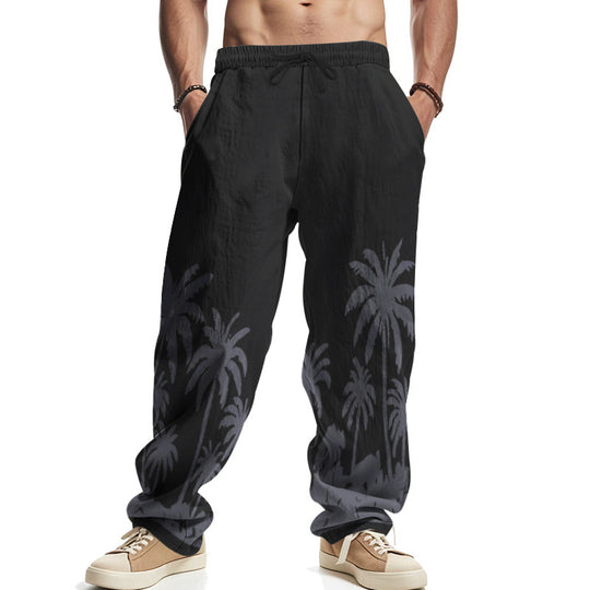 Herren nan weite Freizeit-Hose aus Baumwoll-Leinen-Mix mit Palmenprint, Elastikbund und Kordelzug EB