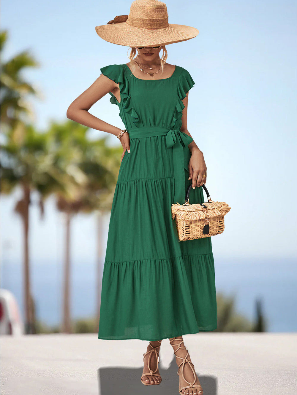 Damen Maxikleid mit Rüschendetails und tailliertem Gürtel EB