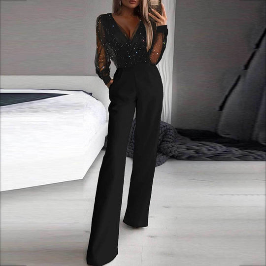 Damen Eleganter Jumpsuit mit transparenten Ärmeln und funkelnden Details EB