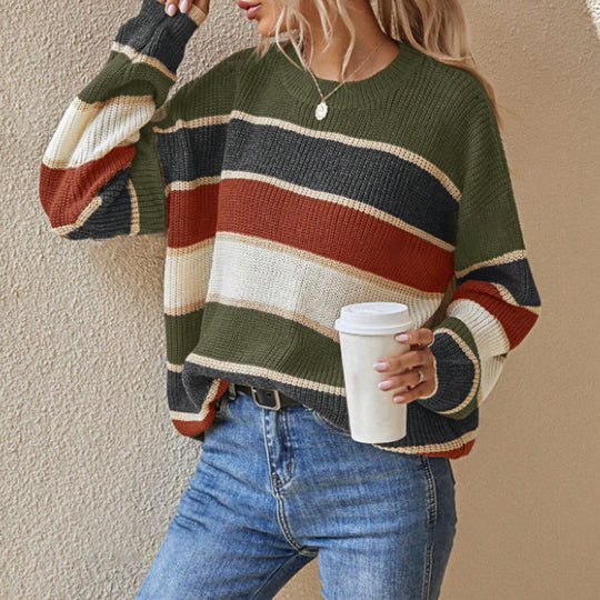 Damen lässiger Grobstrickpullover mit Farbblockmuster und weitem Schnitt EB