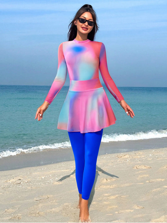 Damen modischer Schwimmanzug mit langem Arm und schwingendem Rock EB