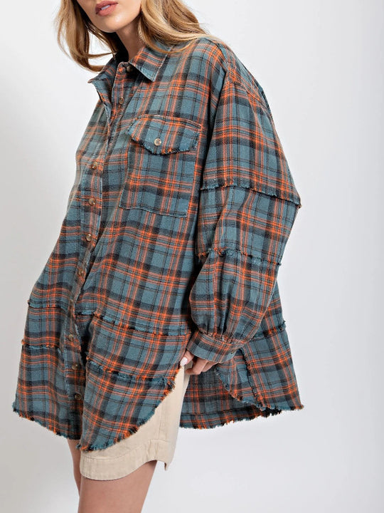 Damen karierte Oversized-Hemdjacke EB