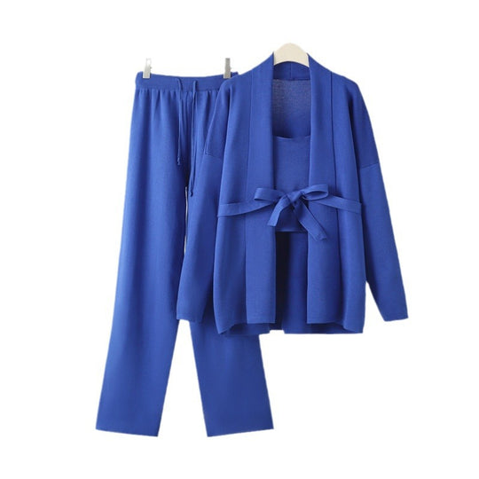 Damen gemütliches Freizeit-Loungewear-Set mit Bindegürtel und weitgeschnittenen Hosen EB