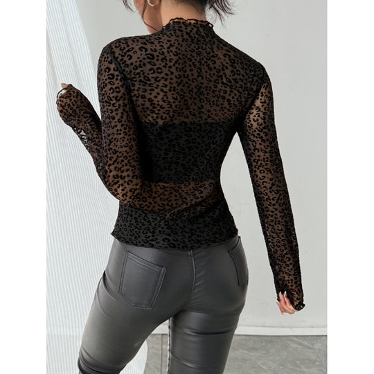 Damen Transparente Langarmbluse mit Animalprint EB